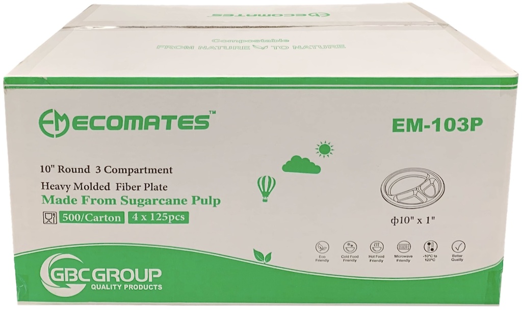 EM-103P, 10" 3 Compartment Fiber Plates (500PC) Ecomates