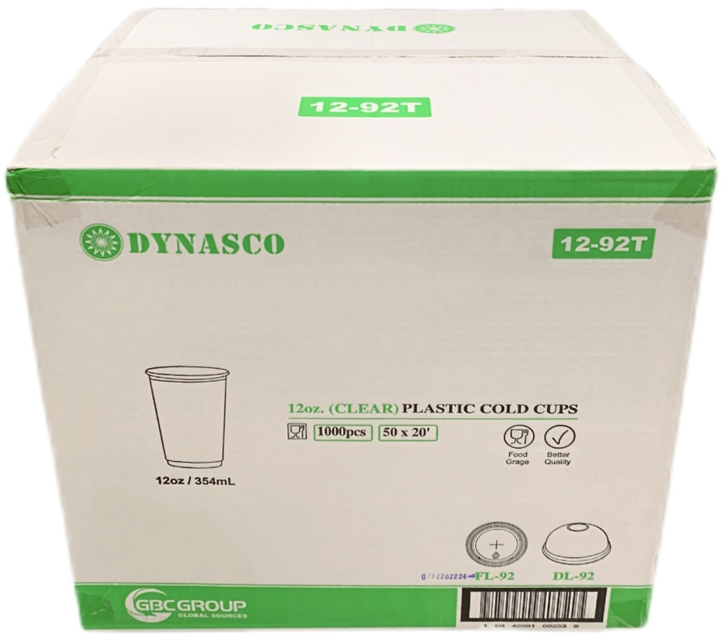 12-92T, Clear Plastic Cold Cups (1000 PC) Dynasco