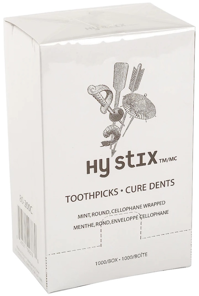 80-200C, Mint/Round/Cellophane Wrapped Toothpicks (1000 PC) Hy Stix