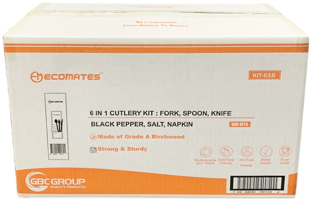 KIT-616, 6-Piece Wooden Cutlery Kits (500SET) Ecomates