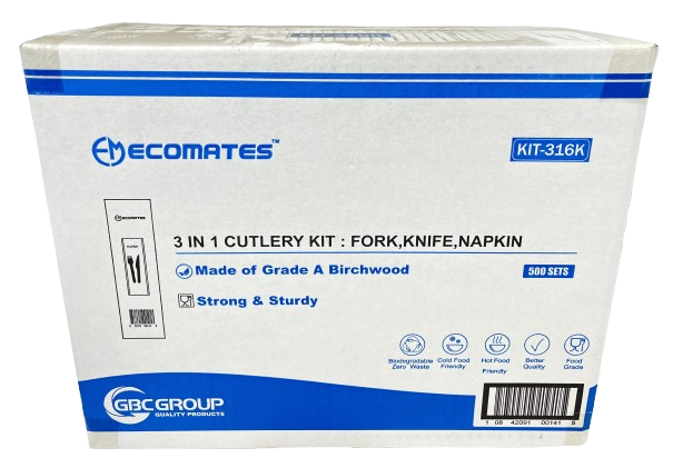 KIT-316K, 3-Piece Wooden Cutlery Kits (500SET) Ecomates (fork,knife and napkin)