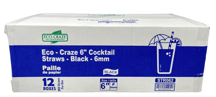 STR062 6" Cocktail Paper Straws Black, (12x250) Eco-Craze