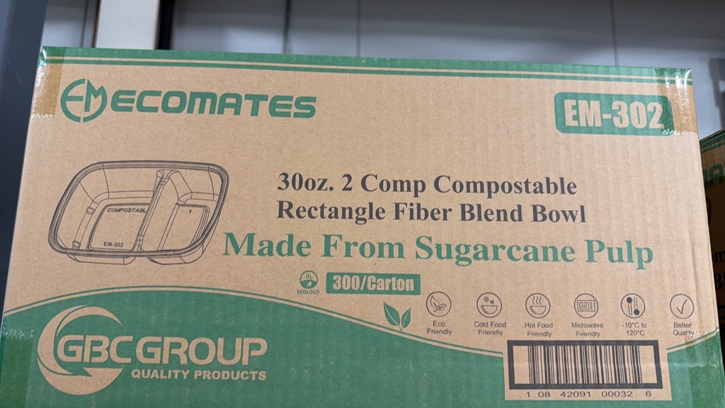 EM-302, 2 Compostable Rectangle Fiber Blend Bowl (300PC) Ecomates