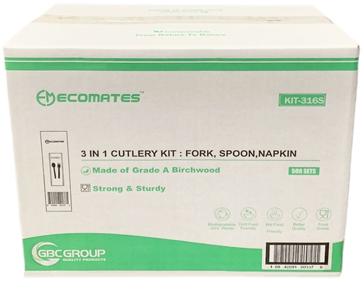 [*76225+2229@4] KIT-316S, 3-Piece Wooden Cutlery Kits (500 SET) Ecomates (fork,spoon and napkin)